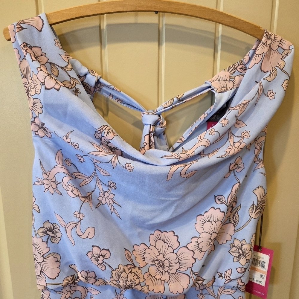 Vince Camuto Blue Floral Dress Sz 2 Lined Back Zip & Tie Sleeveless NWT Pockets - Picture 2 of 16
